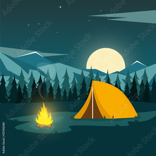 Summer camp. Night Camping. Campfire. Pine forest and rocky mountains. Starry night and moonlight. Nature landscape.