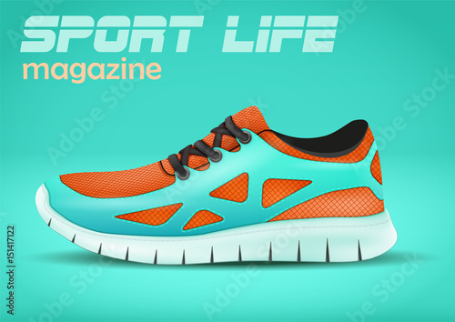 Sporting sneakers on azure background. Advertising poster in trendy color. For any design. Vector Illustration.