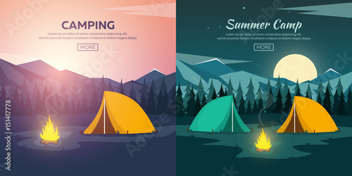 Summer camp. Evening Camp, Pine forest and rocky mountains. Sunset in the mountains. Climbing, Trekking, Hiking, Walking. Campfire.