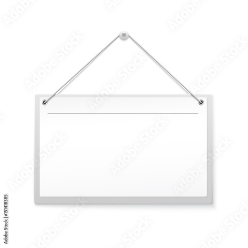 Blank hanging note, sign isolated on white background. Realistic empty canvas, banner for advertisement, ready for your design or creativity.