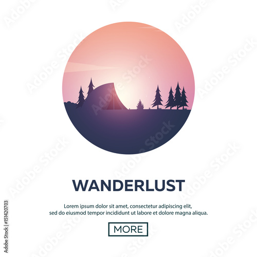 Summer camp. Evening Camp, Pine forest and rocky mountains. Sunset in the mountains. Climbing, Trekking, Hiking, Walking. Campfire. Nature landscape.