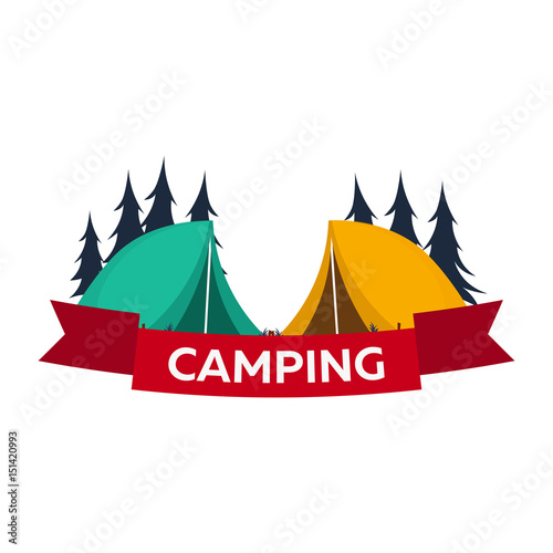 Summer camp. Evening Camp, Pine forest and rocky mountains. Sunset in the mountains. Climbing, Trekking, Hiking, Walking. Campfire.