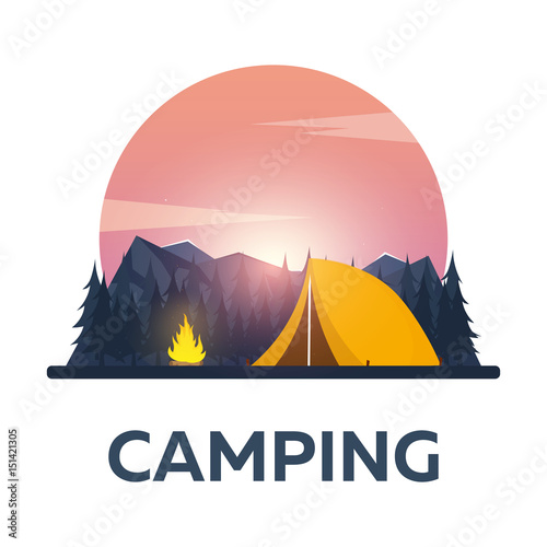 Summer camp. Evening Camp, Pine forest and rocky mountains. Sunset in the mountains. Climbing, Trekking, Hiking, Walking. Campfire. Nature landscape.