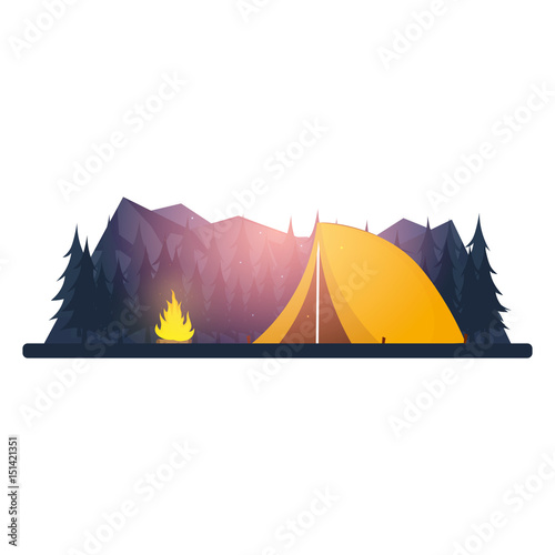 Summer camp. Evening Camp, Pine forest and rocky mountains. Sunset in the mountains. Climbing, Trekking, Hiking, Walking. Campfire. Nature landscape.