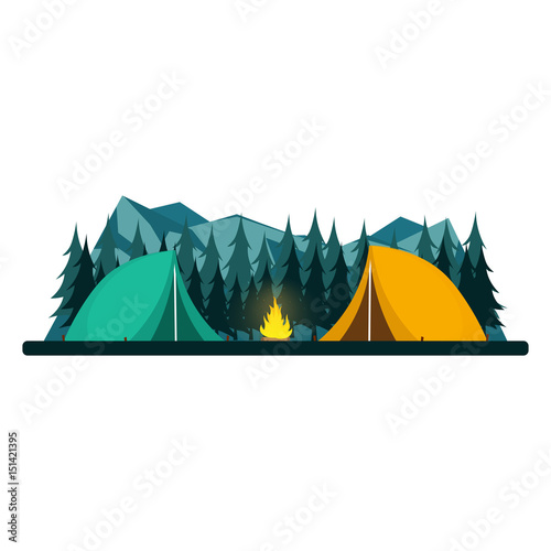 Summer camp. Night Camping. Campfire. Pine forest and rocky mountains. Starry night and moonlight. Nature landscape.