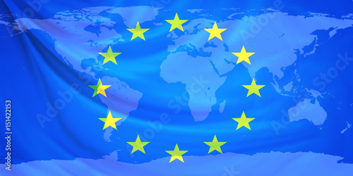 flag of europe and world map 3d rendering background. Elements of this image furnished by NASA.