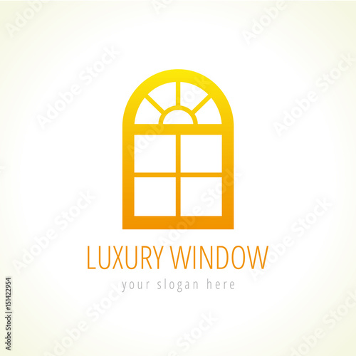 Arc windows vector logo. Abstract template, gold colored sign of constructing architectural company in a shape arch decorative window. Buy or update luxurious windows or doors in traditional style.