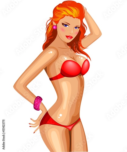 Beautiful red-haired girl in a red swimsuit