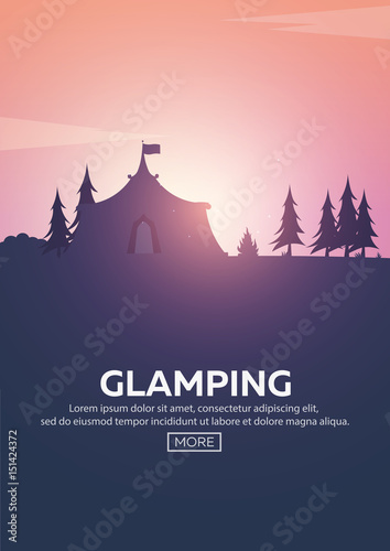 Glamping. Glamor camping. Campfire. Pine forest and rocky mountains. Evening Camp.