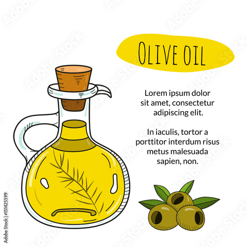 Colorful hand drawn olive oil bottle with sample text. Isolated cute decanter with healthy cooking oil and olives. Sketchy cartoon illustration for restaurant, organic shop banner, flyer, coupon.