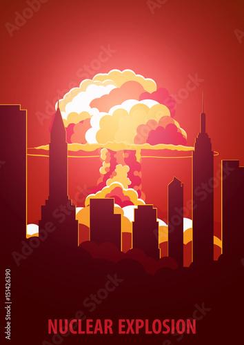 Nuclear Explosion. Cartoon Retro poster. Mushroom cloud. Vector illustration.
