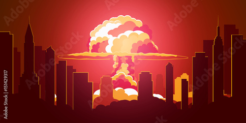 Nuclear Explosion. Cartoon Retro poster. Mushroom cloud. Vector illustration.