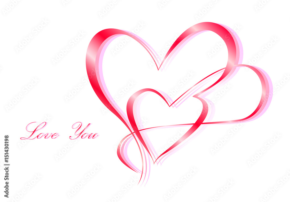 Two calligraphically painted hearts and Love You text on a white background, pink shadow, horizontal