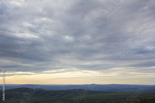 Panoramic view of the mountains and cliffs, South Ural. Summer in the mountains.