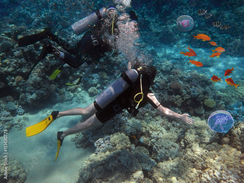 Divers swims through tropical fish on coral reef photo