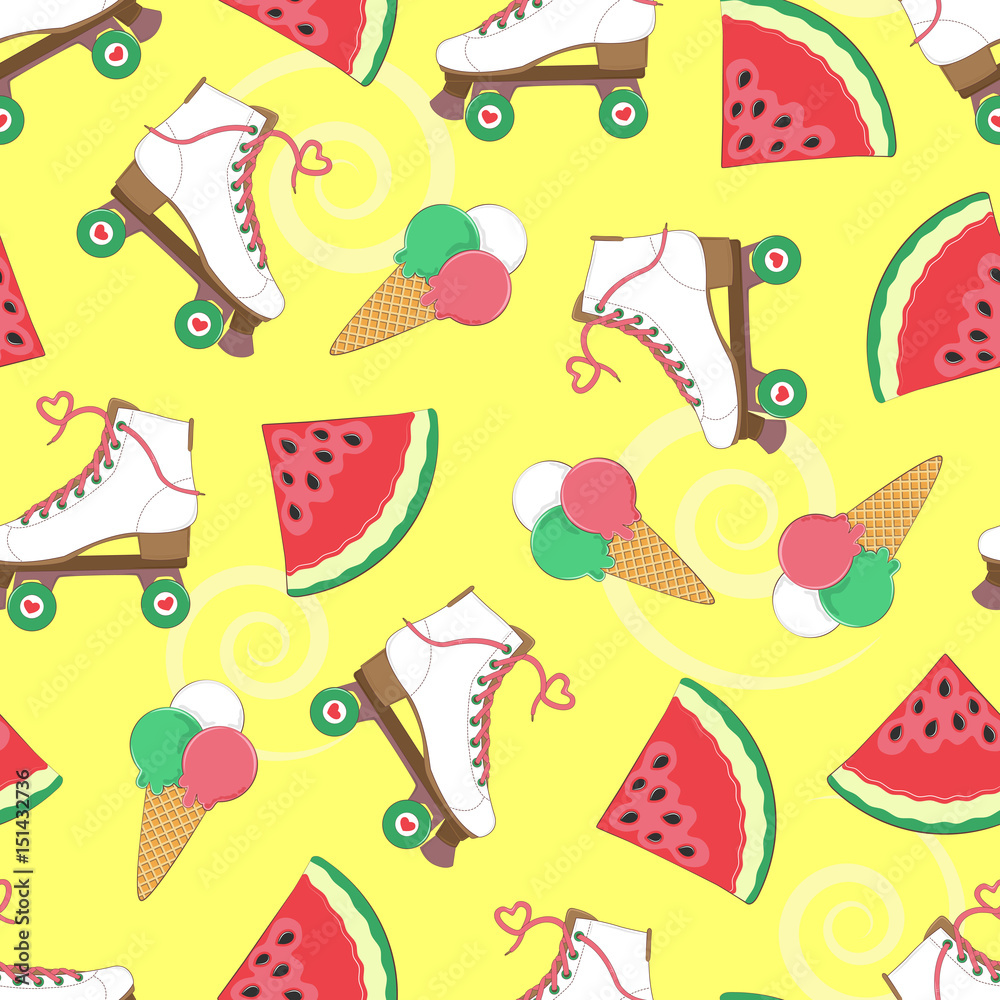Seamless background with rollers, watermelon and ice cream. A simple pattern. Vector illustration. Summer time. Holidays.