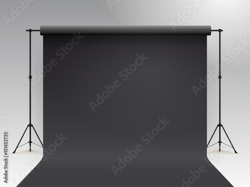 Empty photo studio. Realistic 3D template mock up. Backdrop stand tripods. With black paper backdrop. Vector illustration. Isolated on gray background.