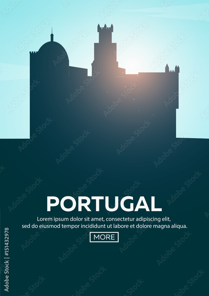 Travel poster to Portugal. Landmarks silhouettes. Vector illustration.