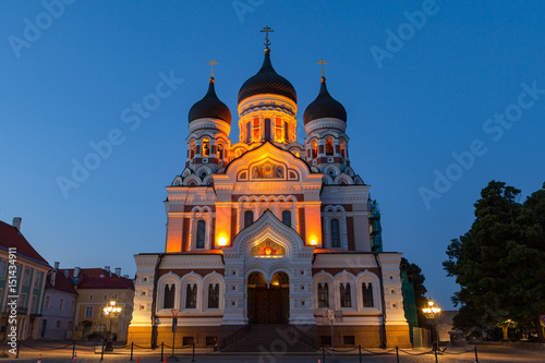 Alexander Nevsky Orthodox Cathedral at night. Illuminated church and deep blue sky.
