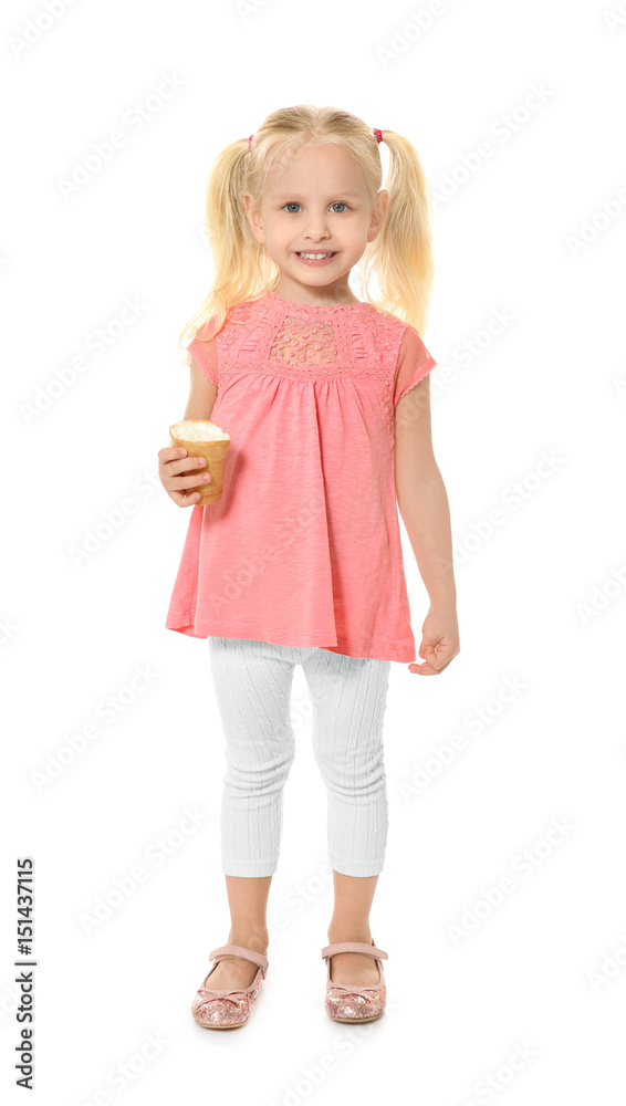 Cute little girl eating ice cream on white background Cute little girl eating ice cream on white background