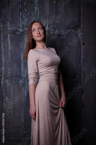 Beautiful elegant young woman wore in long dress standing in front of dark vintage wall. © yegorov_nick
