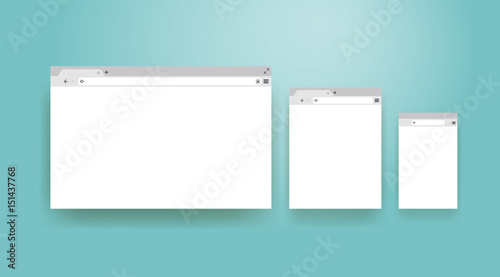 Open Internet browser window in a flat style. Design a simple blank web page. Template Browser window on your PC, tablet and mobile phone. Vector illustration. Isolated on a turquoise background