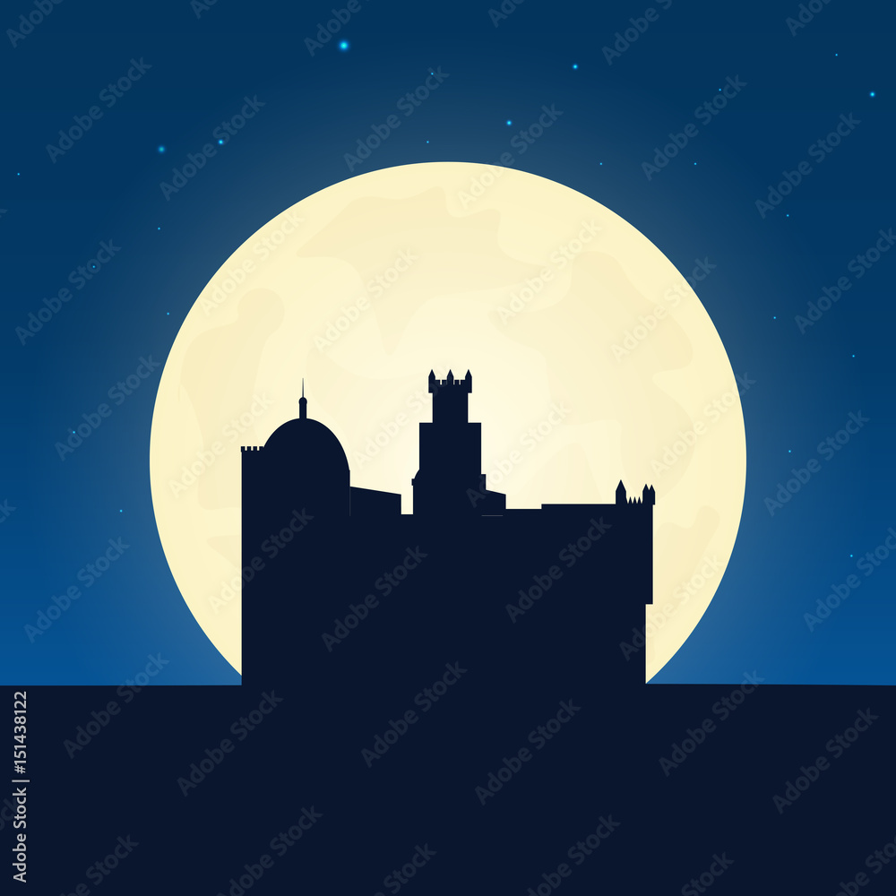 Portugal silhouette of attraction. Travel banner with moon on the night background. Trip to country. Travelling illustration.
