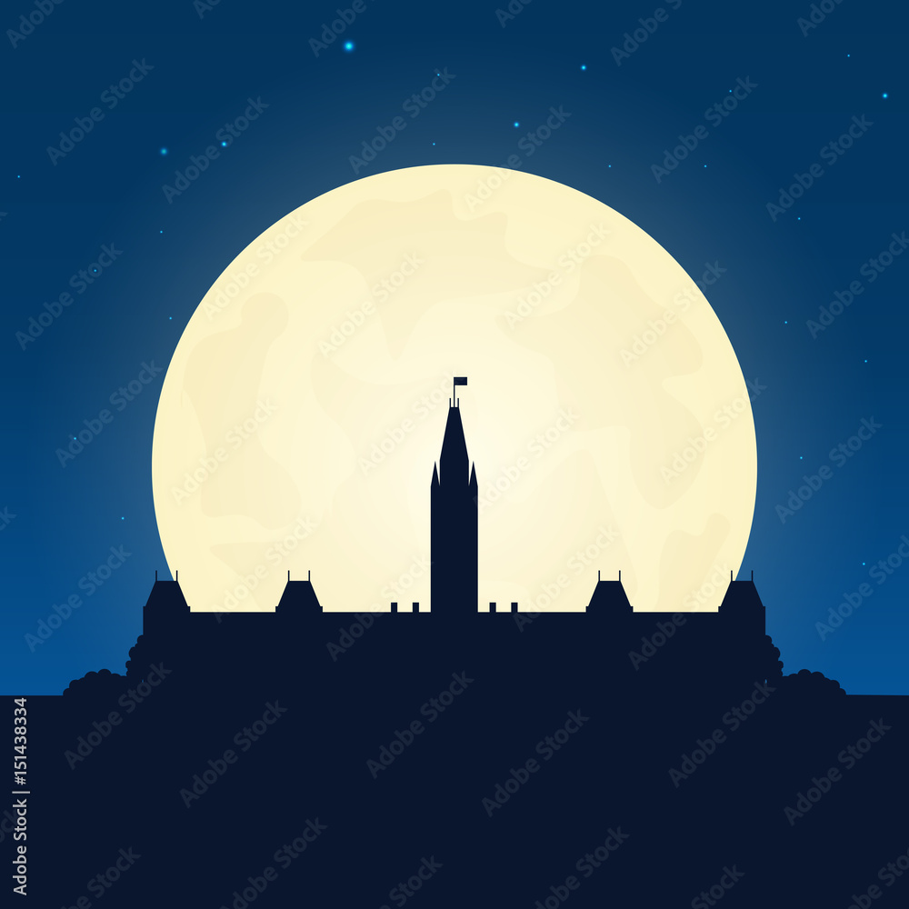 Naklejka premium Canada silhouette of attraction. Travel banner with moon on the night background. Trip to country. Travelling illustration.