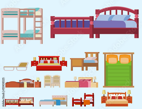 Vector bed icon set interior home rest collection sleep furniture comfortable night illustration.