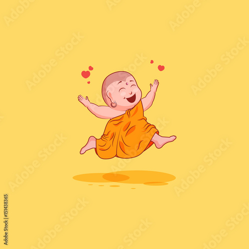 Sticker emoji emoticon emotion vector isolated illustration unhappy character cartoon Buddha jumping for joy