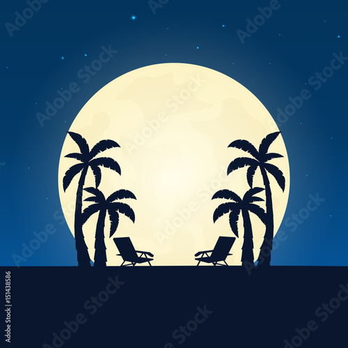 Palm and lounge chair silhouette. Banner with moon on the night background. Vector illustration.