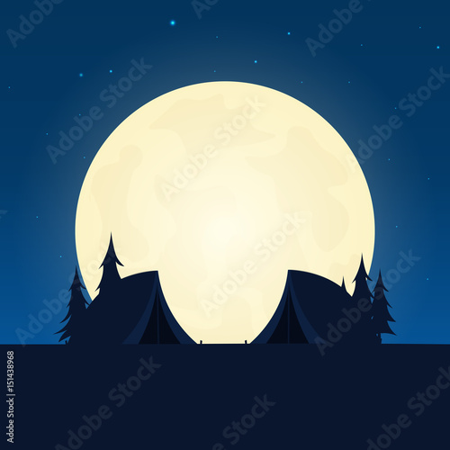 Camping silhouette. Banner with moon on the night background. Vector illustration.