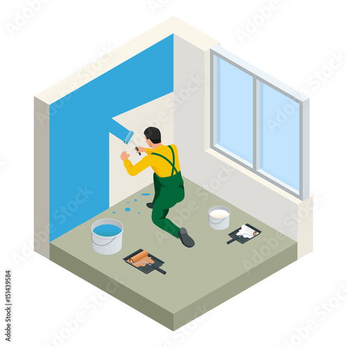 Isometric Paintroller painting white wall with roller blue paint. Flat 3d modern vector illustration. Paintroller, people occupations, profession.