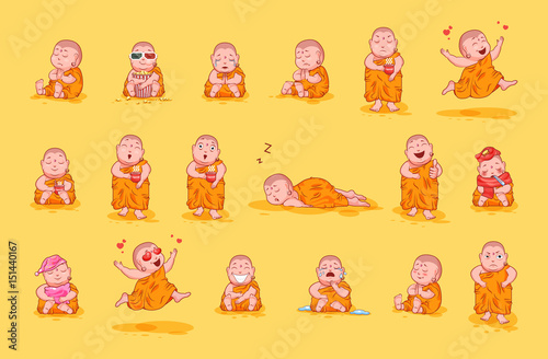 Set kit collection sticker emoji emoticon emotion vector isolated illustration happy character sweet cute little Buddha Buddhist monk photo