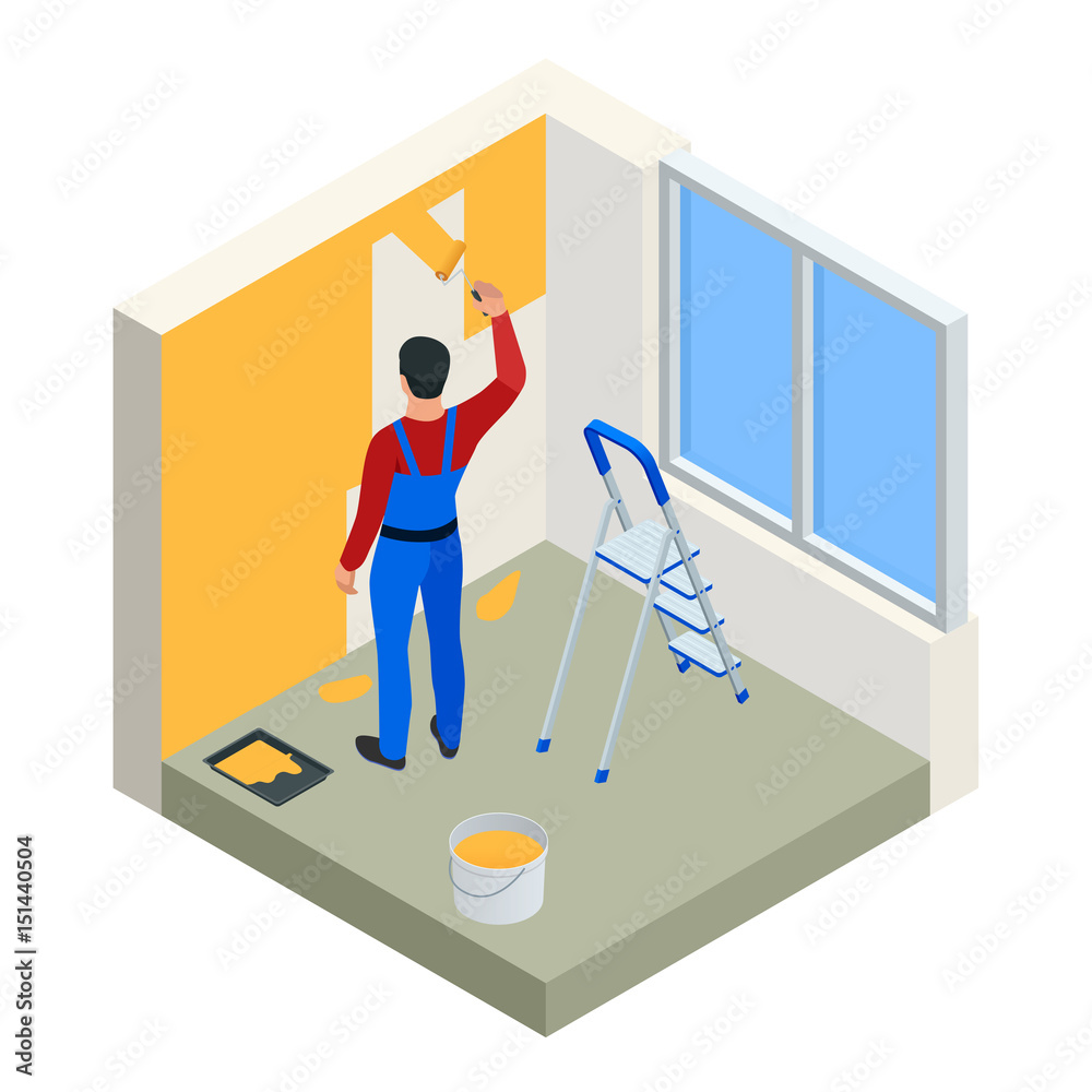 Isometric Paintroller painting white wall with roller red paint. Flat ...