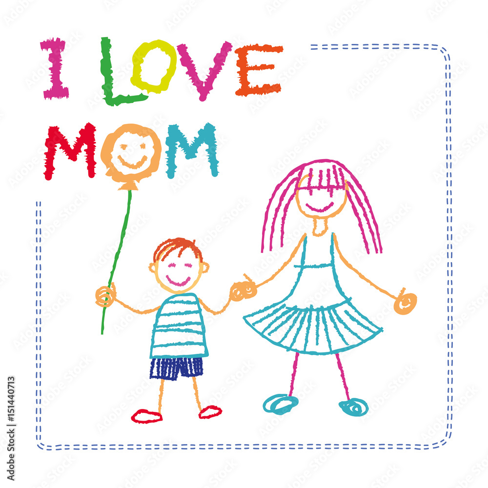 Vector Children`s drawing by hand postcard Mother's Day Gift from the child, Son, Daughter Sketch simple multicolored Vector Children`s drawing by hand postcard Mother's Day Gift from the child, Son, Daughter Sketch simple multicolored