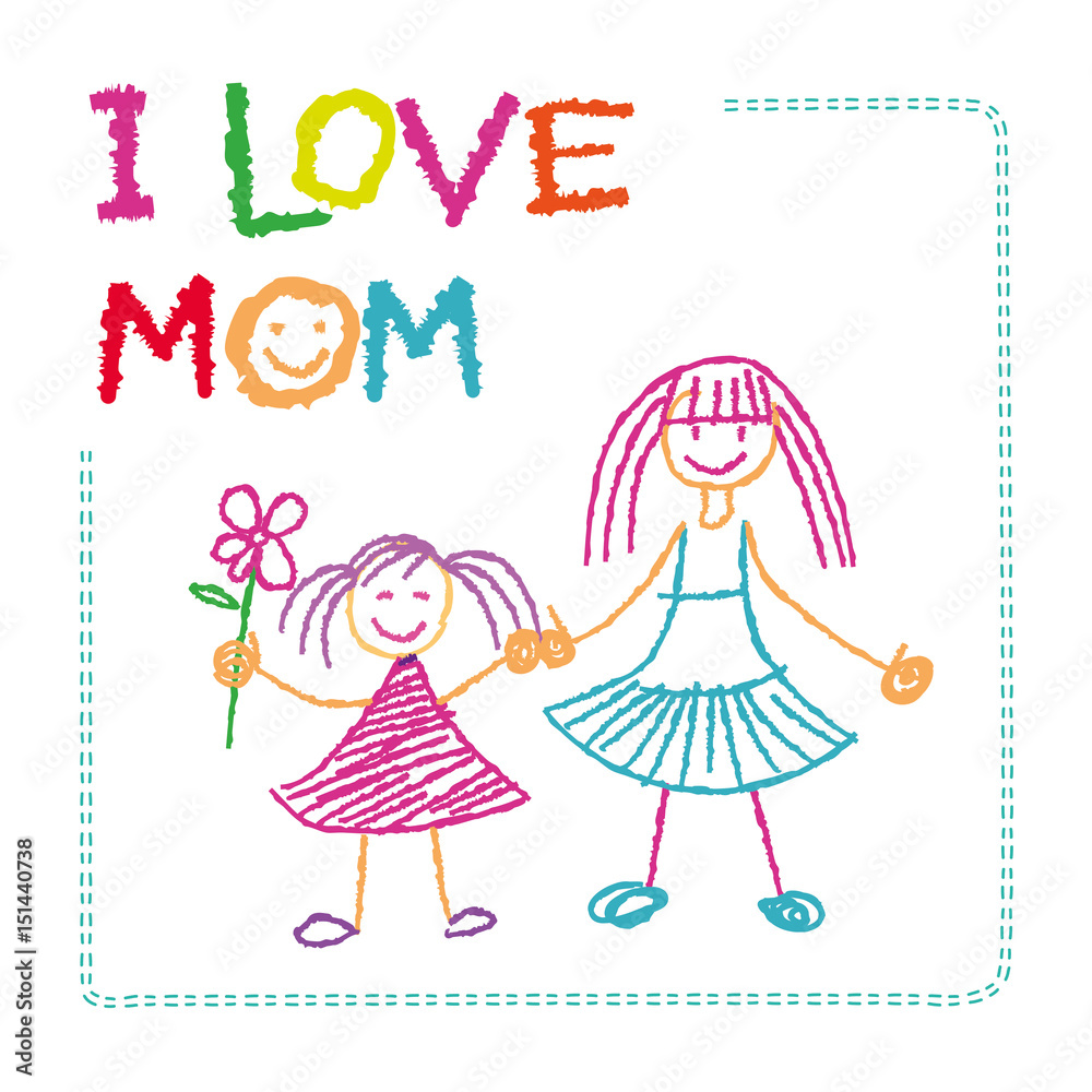 Vector Children`s drawing by hand postcard Mother's Day Gift from the child, Son, Daughter Sketch simple multicolored Vector Children`s drawing by hand postcard Mother's Day Gift from the child, Son, Daughter Sketch simple multicolored