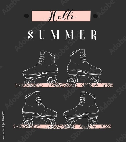 Hand drawn vector abstract creative illustration with graphic rollers and modern calligraphy quote Hello Summer in pastel colors isolated on white background.Unusual fashion summer time concept sign