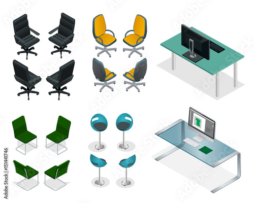 Isometric set of office chairs and tables. Easy VIP Office Furniture on a white background