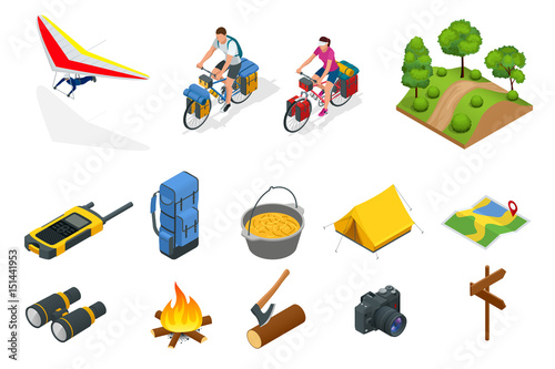 Isometric hang glider, bikers on bicycle with travelling bag for travel, Camping equipment isolated on white Vector collection. Base camp gear and accessories.