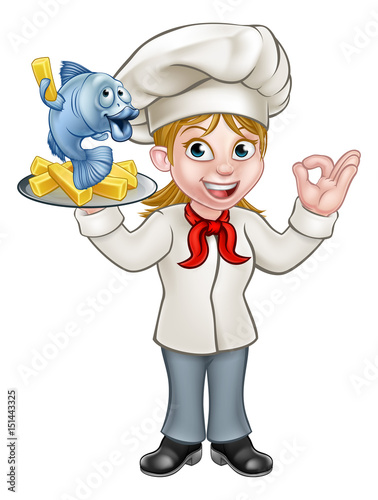 Cartoon Chef Fish and Chips Woman