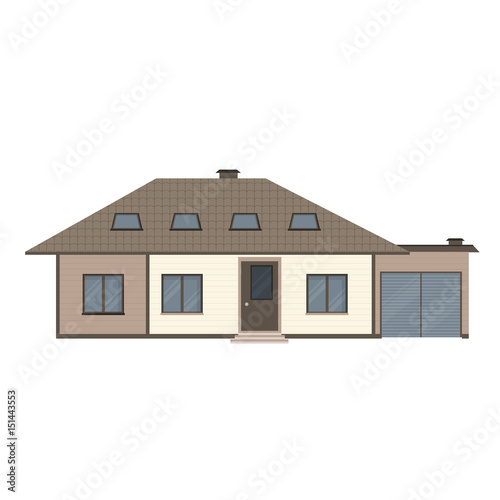 Modern detailed house or villa front view. Contemporary real estate vector illustration. Residential building exterior isolated on white background.