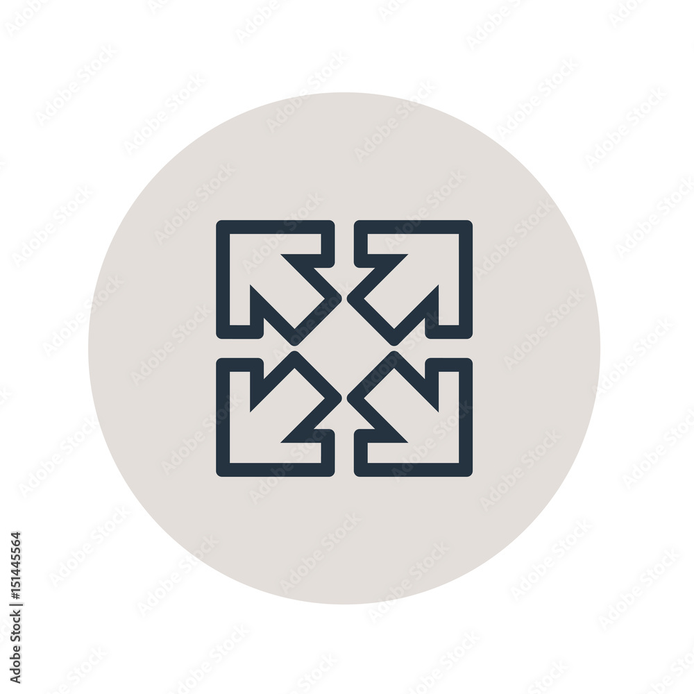 Icono plano cuatro flechas lineal diagonal en circulo gris