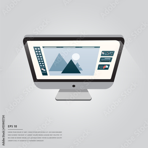 Vector image of computer with graphic design and lorem ipsum