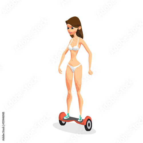 Young woman in a bikini is riding a gyroscope. The girl runs a h