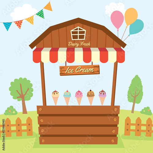 Illustration vector of dairy fresh Ice cream booth design with wood and awning decorated on  natural farm in party background.