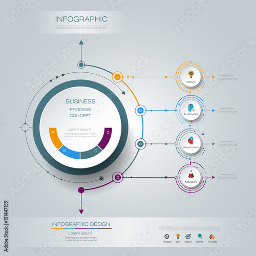 Vector Infographic 3D circle label design with arrows sign and 4 options or steps. For business, infograph template, process infographics, diagram chart, flowchart, processes diagram, time line