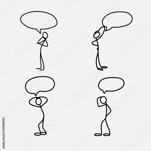 Cartoon icon of sketch stick figure in cute miniature scenes.