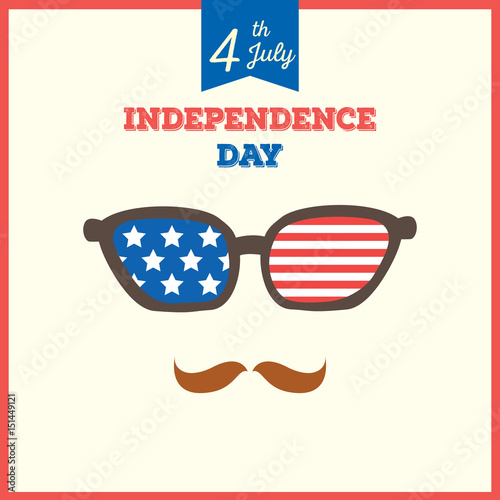 Happy Independence day United states of America, 4th July.Sunglasses design with stars and stripe pattern in national flag and mustache for hipster style.