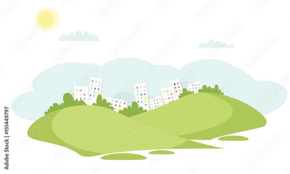 grass field vector landscape with buildings in the background